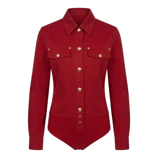Vintage 90s Gucci Cherry Red Bodysuit - Military Style Shirt with Gold Logo Buttons