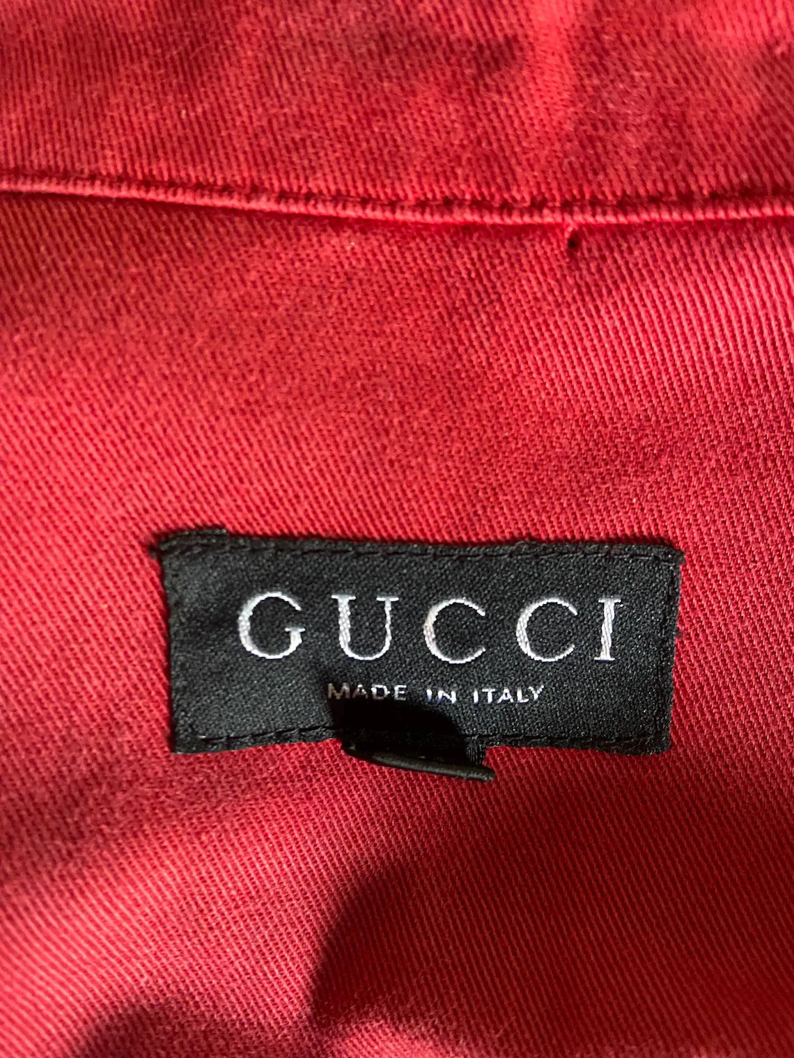 Vintage 90s Gucci Cherry Red Bodysuit - Military Style Shirt with Gold Logo Buttons
