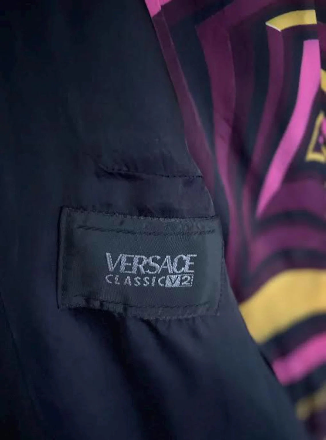 Vintage Versace Classic V2 Blazer - Tailored Black Jacket with Psychedelic Silk Lining & Greek Key - Gold Filigree Buttons -