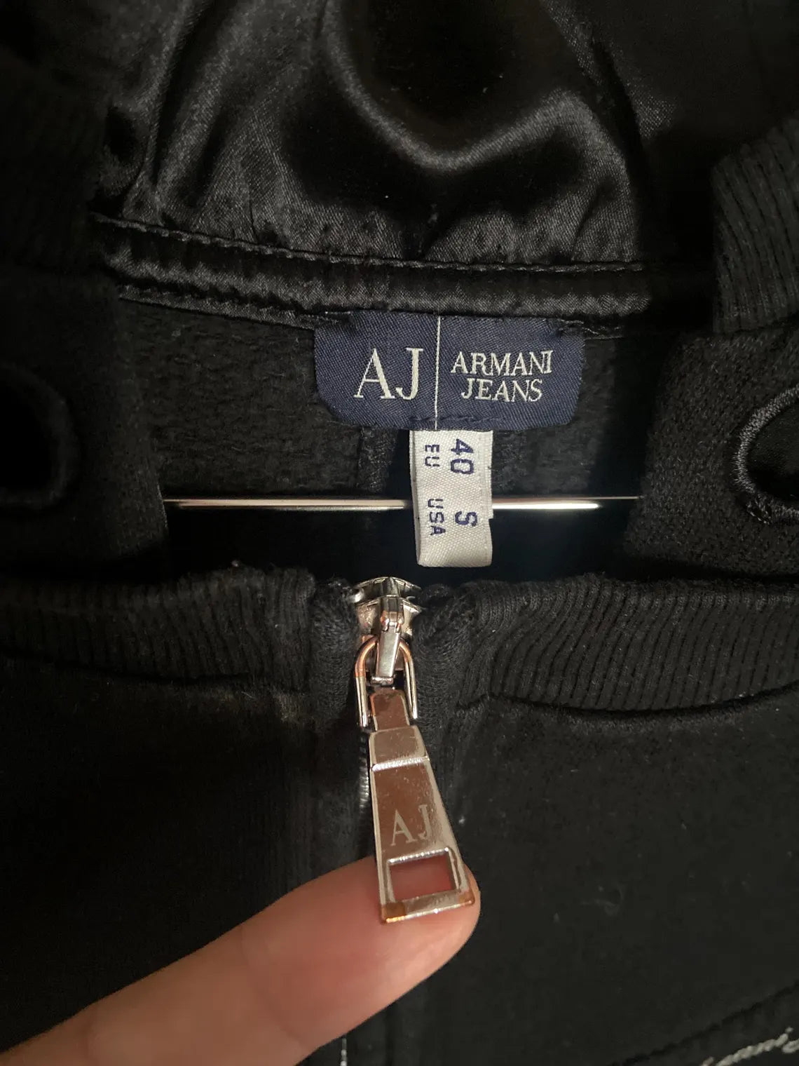 Vintage Armani Jeans Black Y2K Hoodie, Collector Item Zip-Up Sweatshirt with Rayon Lined Hood, Women's Slim Fit Jacket