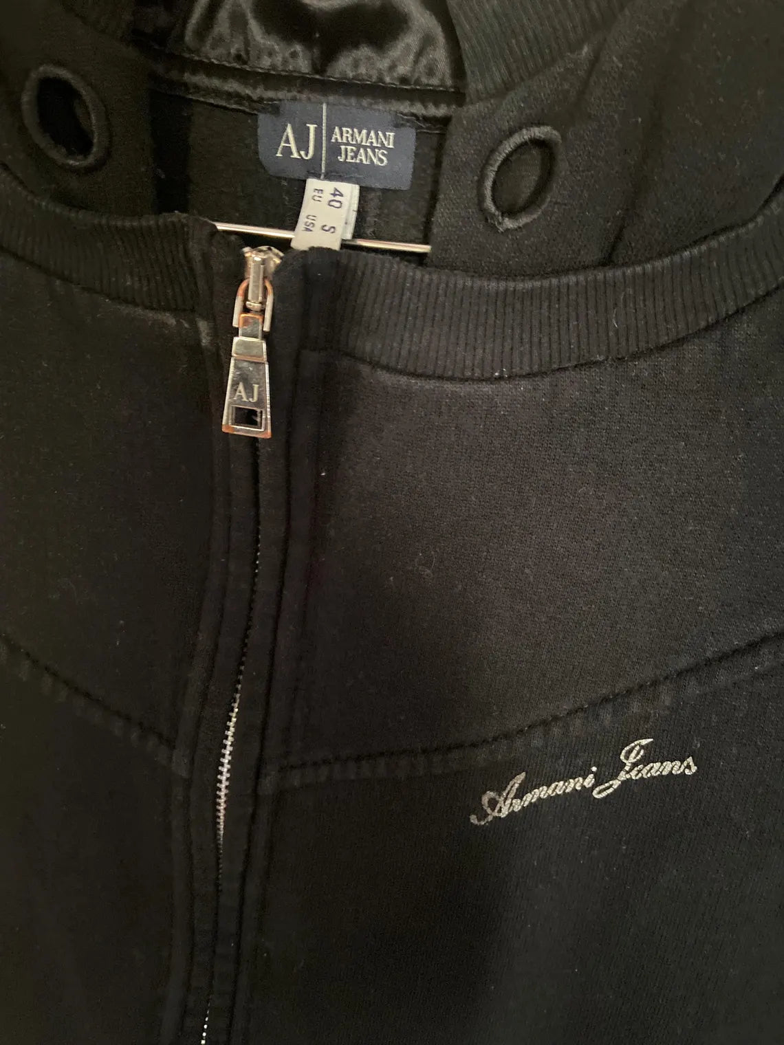 Vintage Armani Jeans Black Y2K Hoodie, Collector Item Zip-Up Sweatshirt with Rayon Lined Hood, Women's Slim Fit Jacket