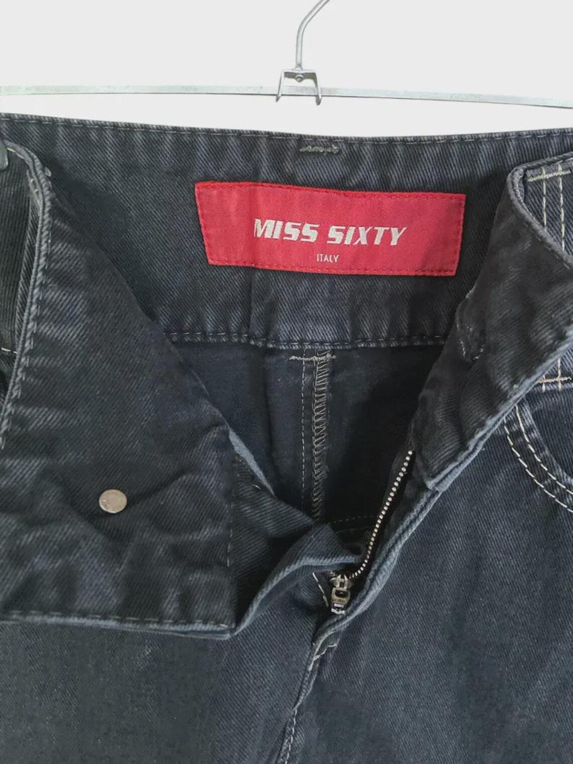 Miss Sixty Y2K Denim Mini Skirt | Iconic Archive Italian Design | Rare Vintage Black Jean Skirt with Contrast Stitching  | Collectors Piece