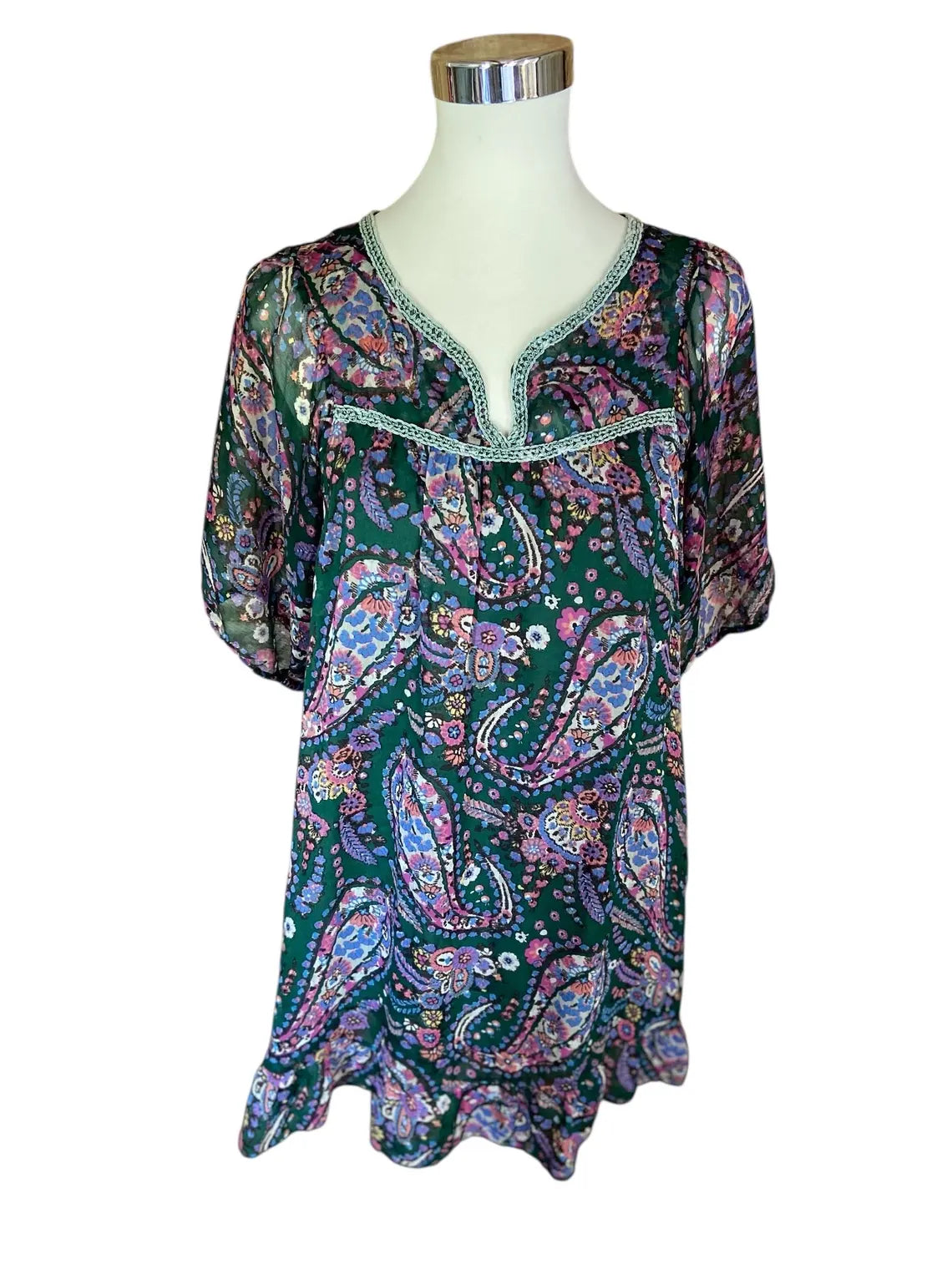 Vintage Hermès Paris Silk Chiffon Dress - Authentic Luxury Paisley Tunica, Green & Purple Bohemian Kaftan, Sheer Silk Beach Coverup, Size M