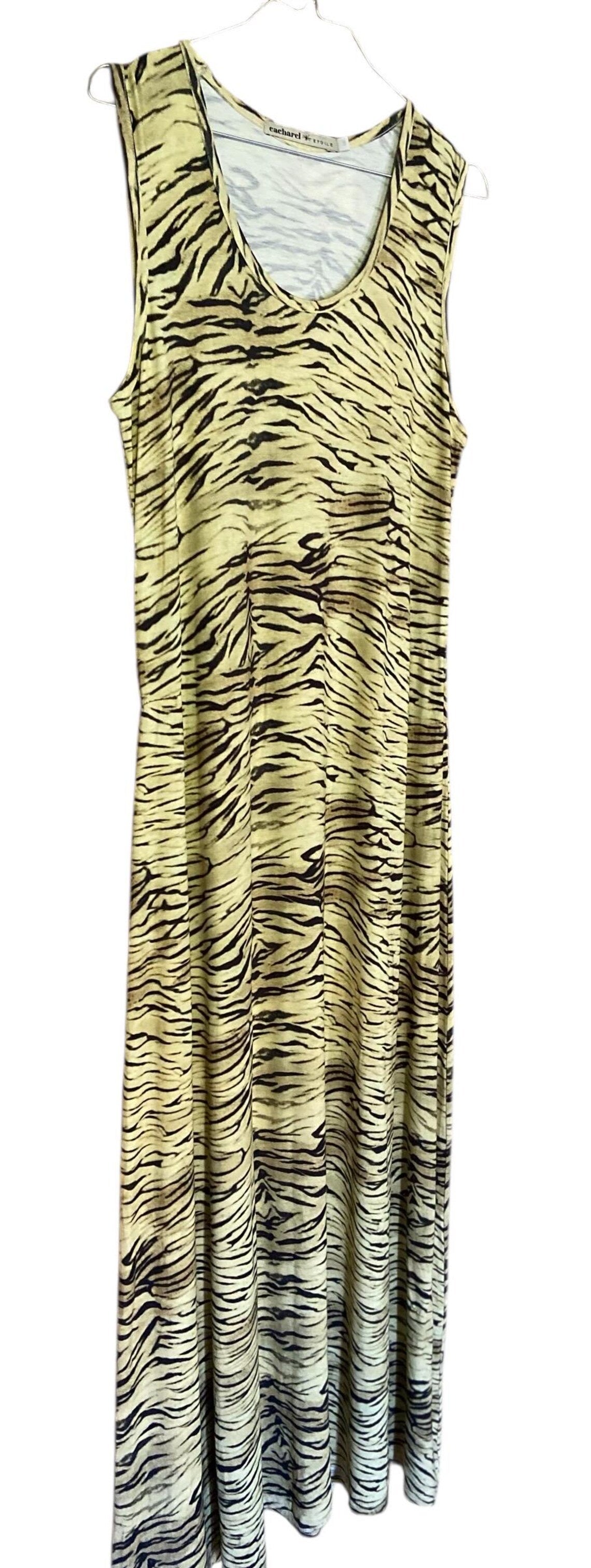 Vintage Cacharel Maxi Dress Y2K, Yellow Animal Print Tiger Long Dress, 2000s French Designer Fashion, Sleeveless Grunge Dress Size S