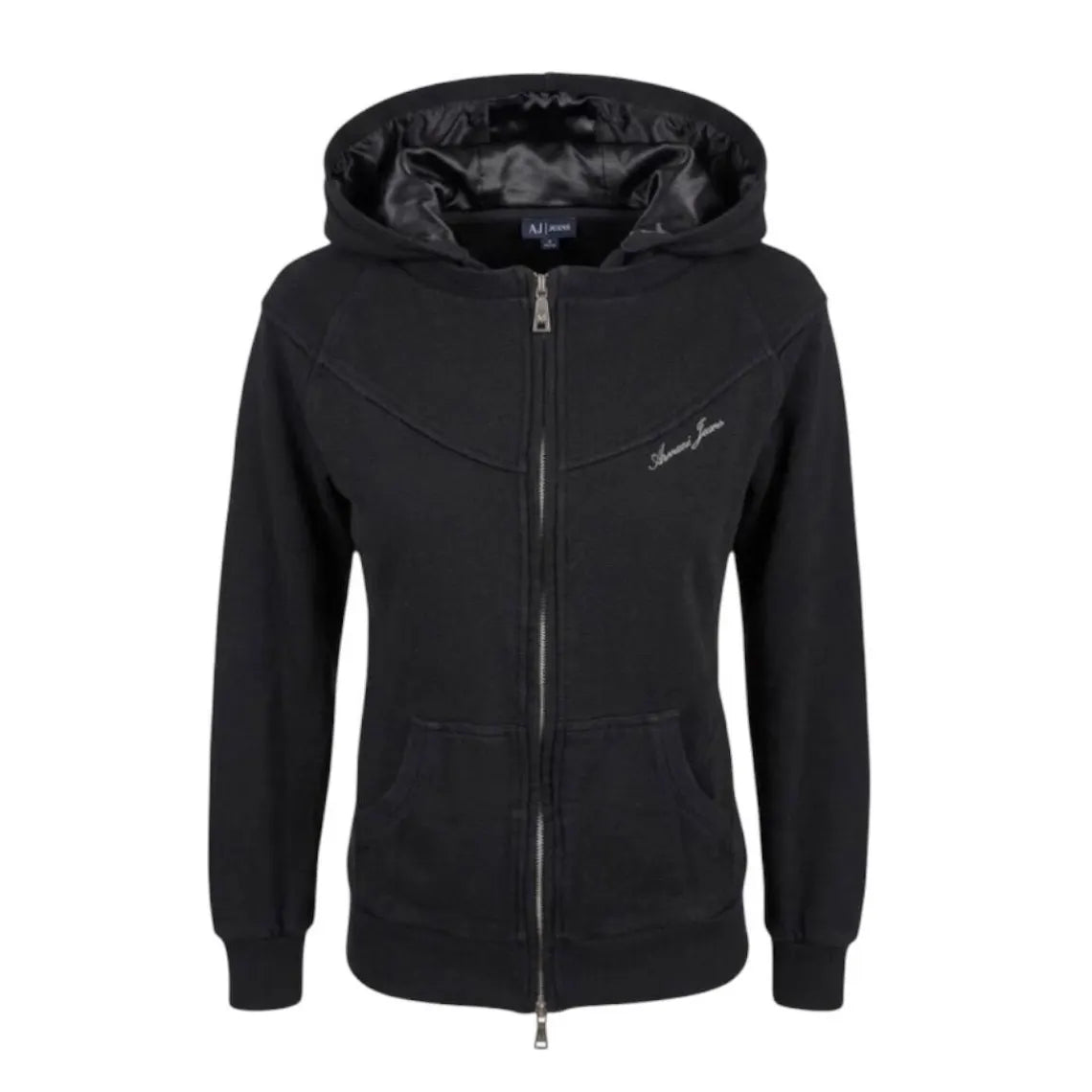 Vintage Armani Jeans Black Y2K Hoodie, Collector Item Zip-Up Sweatshirt with Rayon Lined Hood, Women's Slim Fit Jacket