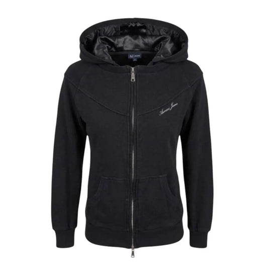 Vintage Armani Jeans Black Y2K Hoodie, Collector Item Zip-Up Sweatshirt with Rayon Lined Hood, Women's Slim Fit Jacket