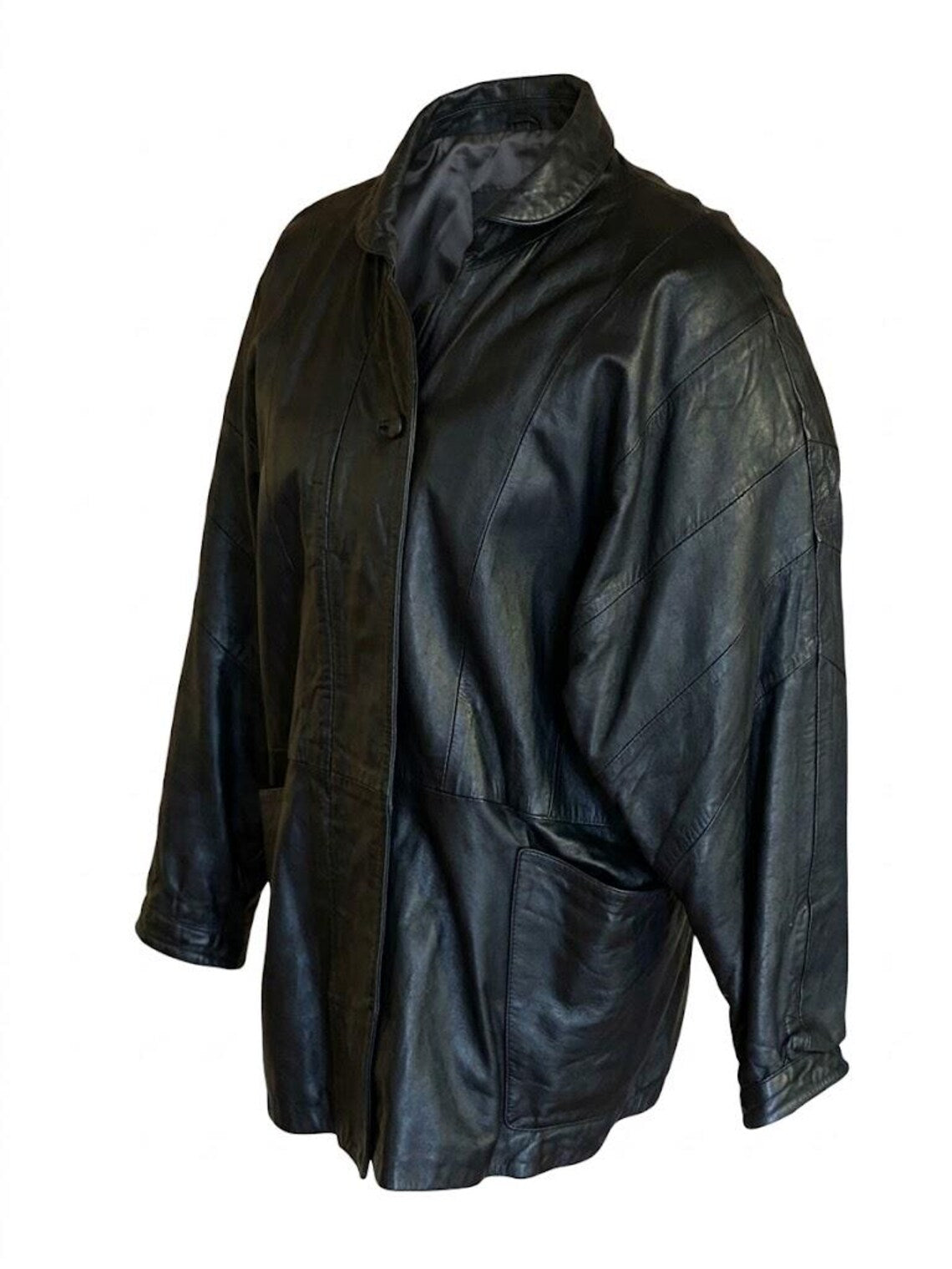 Vintage Yves Saint Laurent Black Leather Jacket - 80s Structured Shoulder Coat Size M