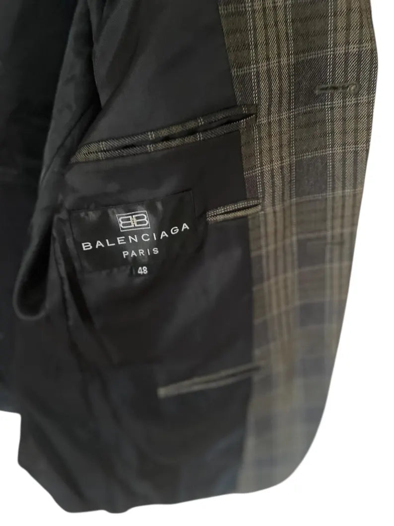 Vintage Balenciaga Wool Blazer - Grey & Green Plaid - 100% Wool