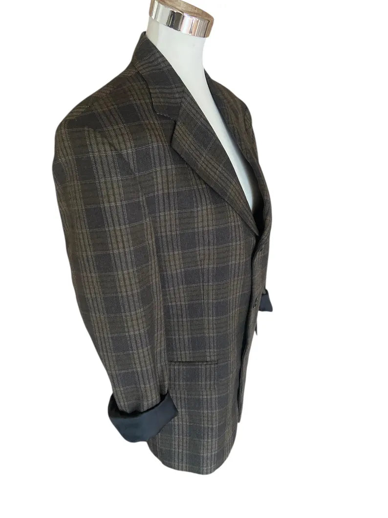 Vintage Balenciaga Wool Blazer - Grey & Green Plaid - 100% Wool