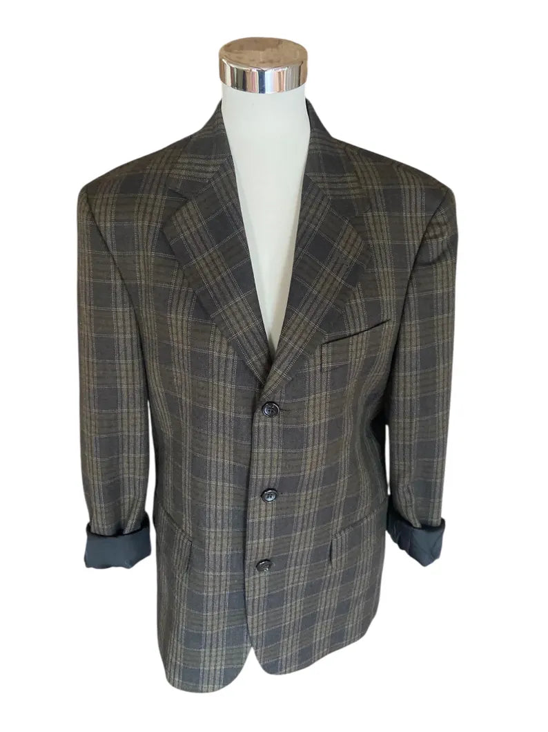 Vintage Balenciaga Wool Blazer - Grey & Green Plaid - 100% Wool