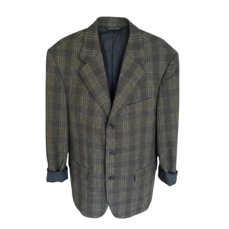 Vintage Balenciaga Wool Blazer - Grey & Green Plaid - 100% Wool