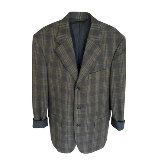 Vintage Balenciaga Wool Blazer - Grey & Green Plaid - 100% Wool