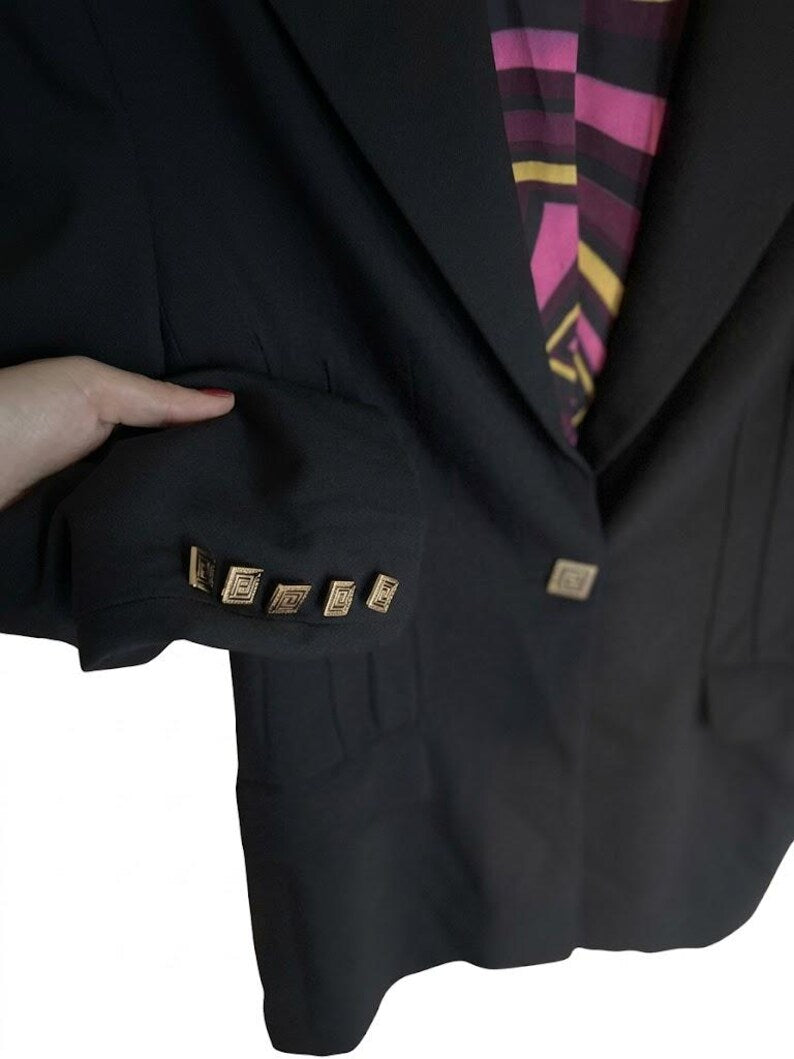 Vintage Versace Classic V2 Blazer - Tailored Black Jacket with Psychedelic Silk Lining & Greek Key - Gold Filigree Buttons -