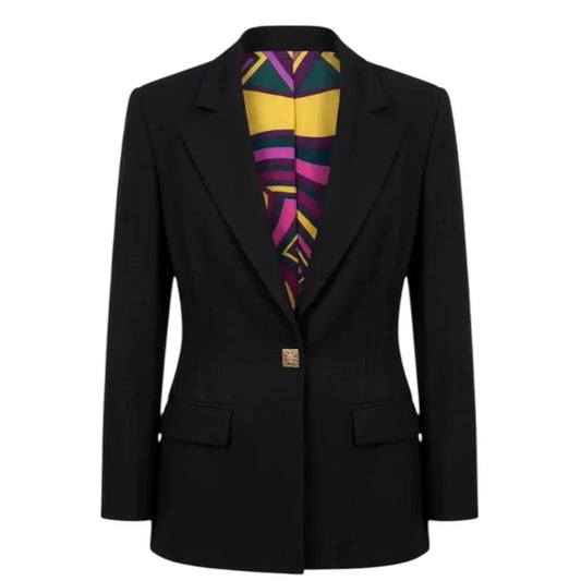 Vintage Versace Classic V2 Blazer - Tailored Black Jacket with Psychedelic Silk Lining & Greek Key - Gold Filigree Buttons -