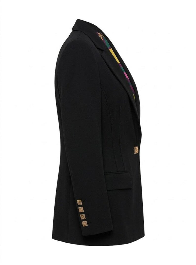 Vintage Versace Classic V2 Blazer - Tailored Black Jacket with Psychedelic Silk Lining & Greek Key - Gold Filigree Buttons -