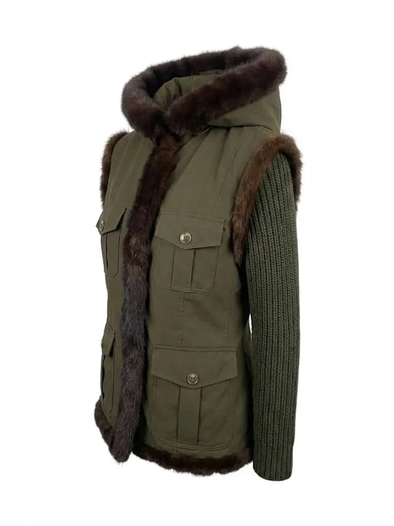 Vintage Moschino Cheap and Chic Utility Jacket - Olive Green Army Parka with Fur Trim & Knit Sleeves - Italian Designer Luxury Coat Size M