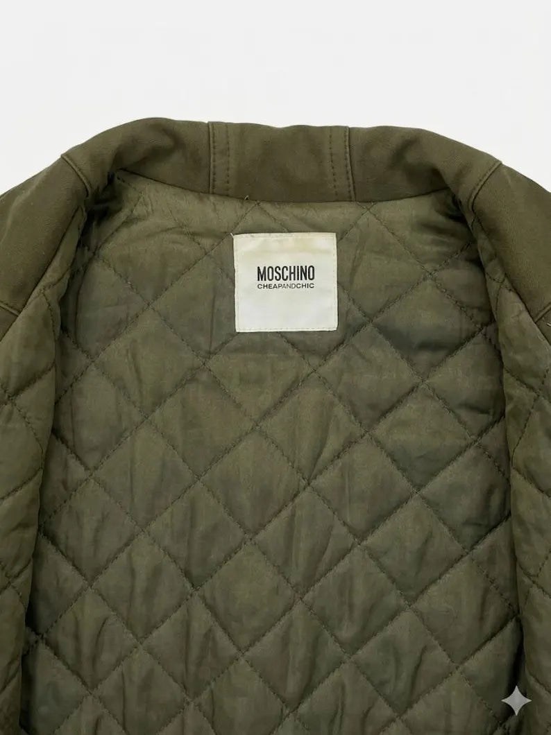Vintage Moschino Cheap and Chic Utility Jacket - Olive Green Army Parka with Fur Trim & Knit Sleeves - Italian Designer Luxury Coat Size M
