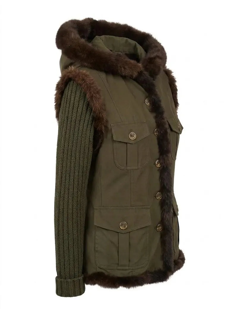 Vintage Moschino Cheap and Chic Utility Jacket - Olive Green Army Parka with Fur Trim & Knit Sleeves - Italian Designer Luxury Coat Size M