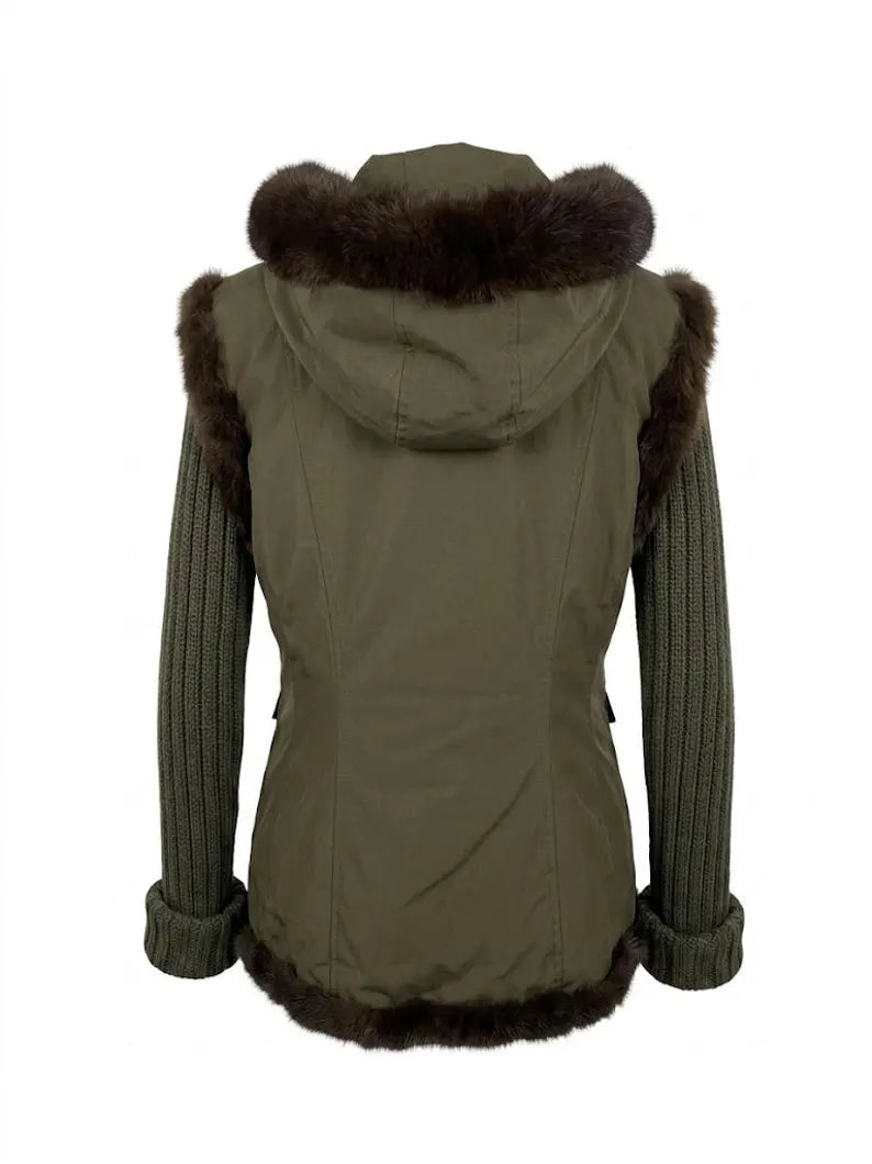 Vintage Moschino Cheap and Chic Utility Jacket - Olive Green Army Parka with Fur Trim & Knit Sleeves - Italian Designer Luxury Coat Size M