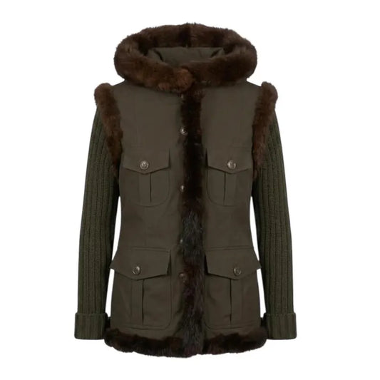 Vintage Moschino Cheap and Chic Utility Jacket - Olive Green Army Parka with Fur Trim & Knit Sleeves - Italian Designer Luxury Coat Size M