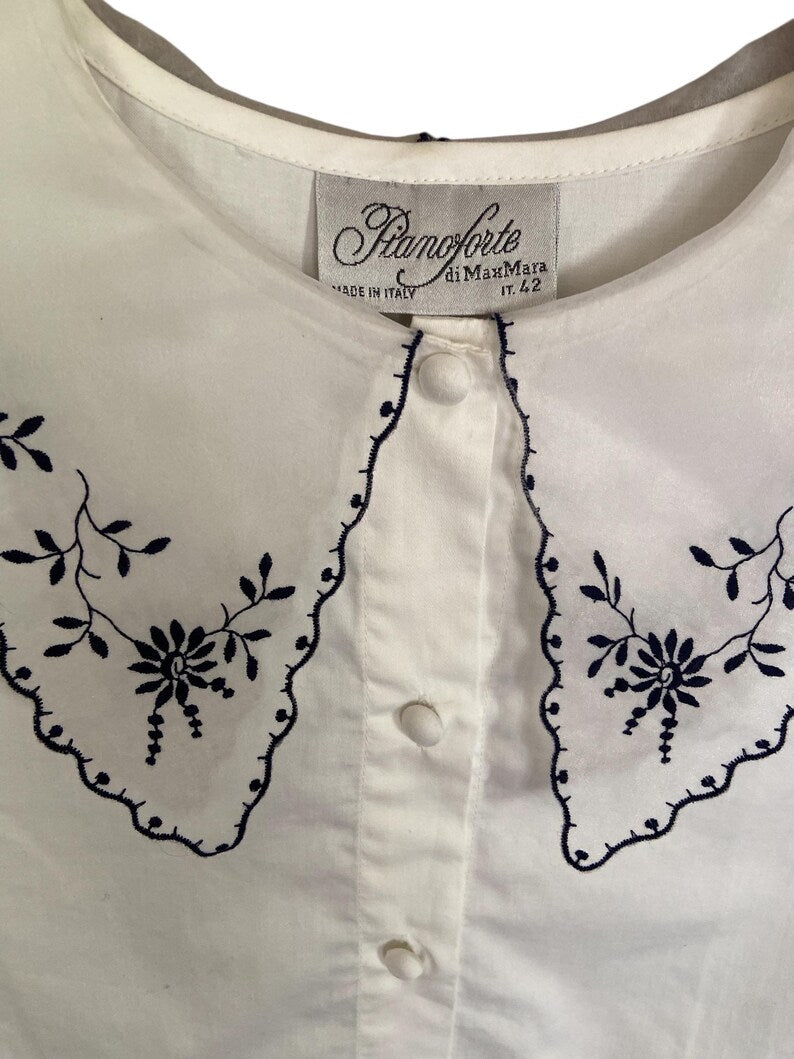 Max Mara Archive White Blouse, Vintage Italian Designer Shirt, Sheer Embroidered Collar Fitted Top, Rare Collectible Fashion Size S M