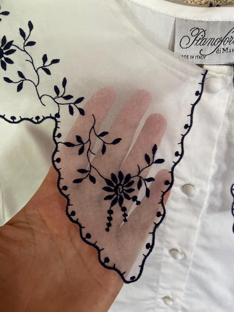 Max Mara Archive White Blouse, Vintage Italian Designer Shirt, Sheer Embroidered Collar Fitted Top, Rare Collectible Fashion Size S M