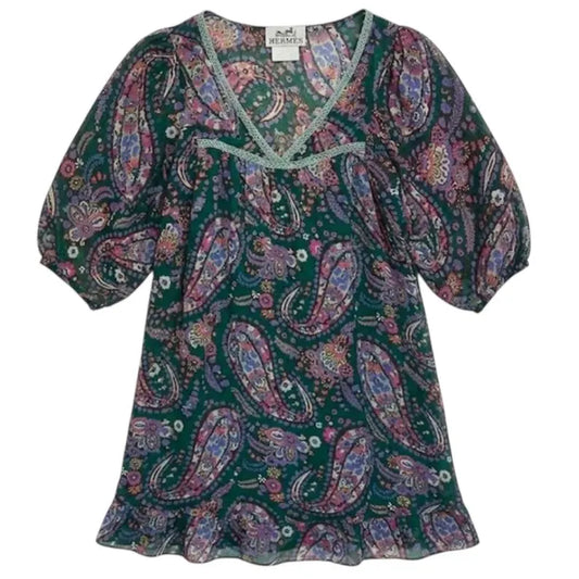 Vintage Hermès Paris Silk Chiffon Dress - Authentic Luxury Paisley Tunica, Green & Purple Bohemian Kaftan, Sheer Silk Beach Coverup, Size M