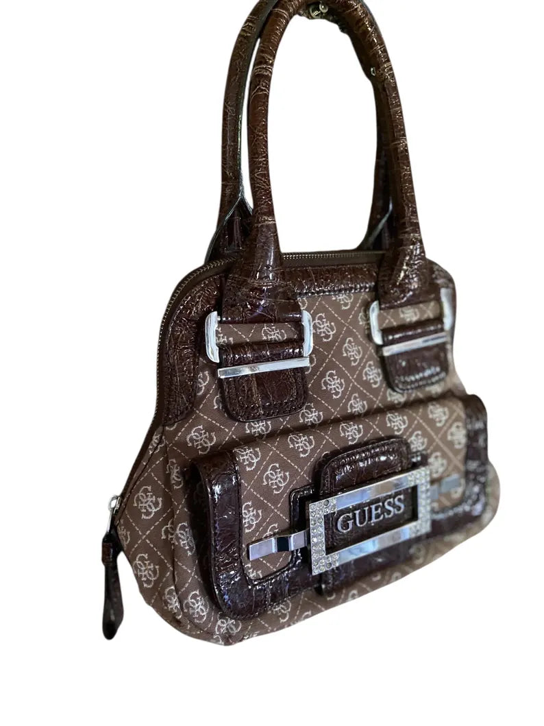 Vintage GUESS Monogram Print Shoulder Bag – Early 2000s Y2K Aesthetic