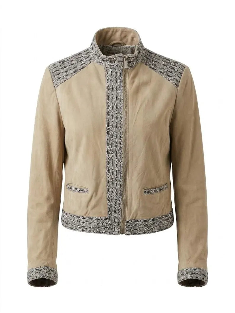 Vintage Blumarine Archive Jacket - Goat Suede & Shimmering Grey Tweed - Y2K Aesthetic Cropped Biker - Luxury Italian Fashion -