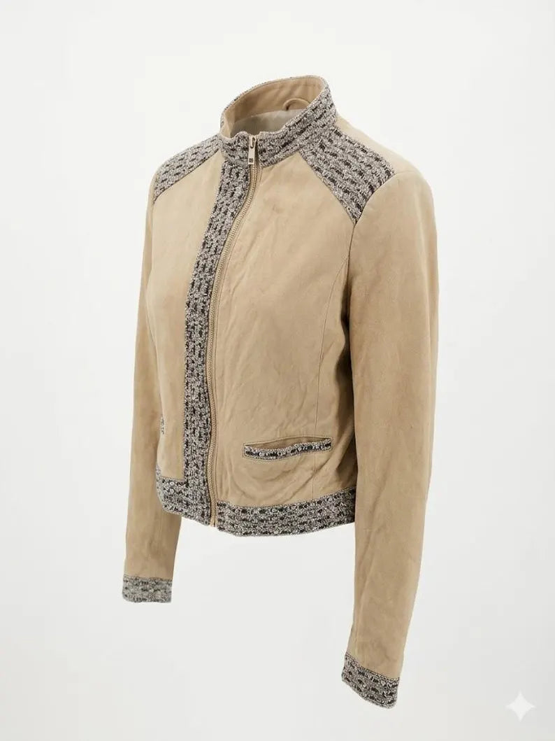 Vintage Blumarine Archive Jacket - Goat Suede & Shimmering Grey Tweed - Y2K Aesthetic Cropped Biker - Luxury Italian Fashion -