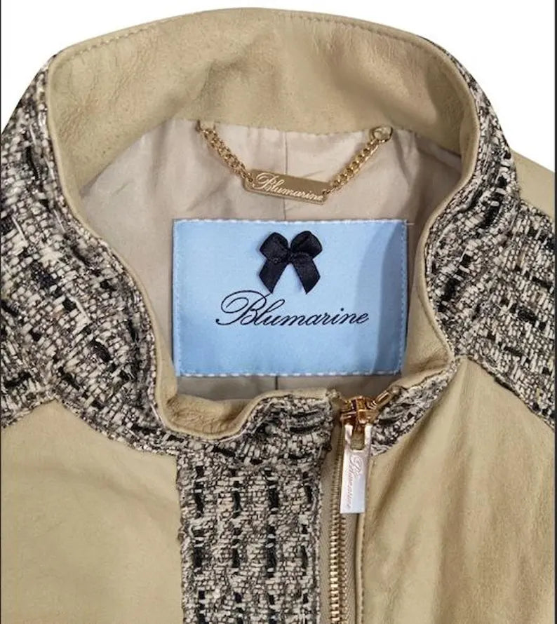 Vintage Blumarine Archive Jacket - Goat Suede & Shimmering Grey Tweed - Y2K Aesthetic Cropped Biker - Luxury Italian Fashion -