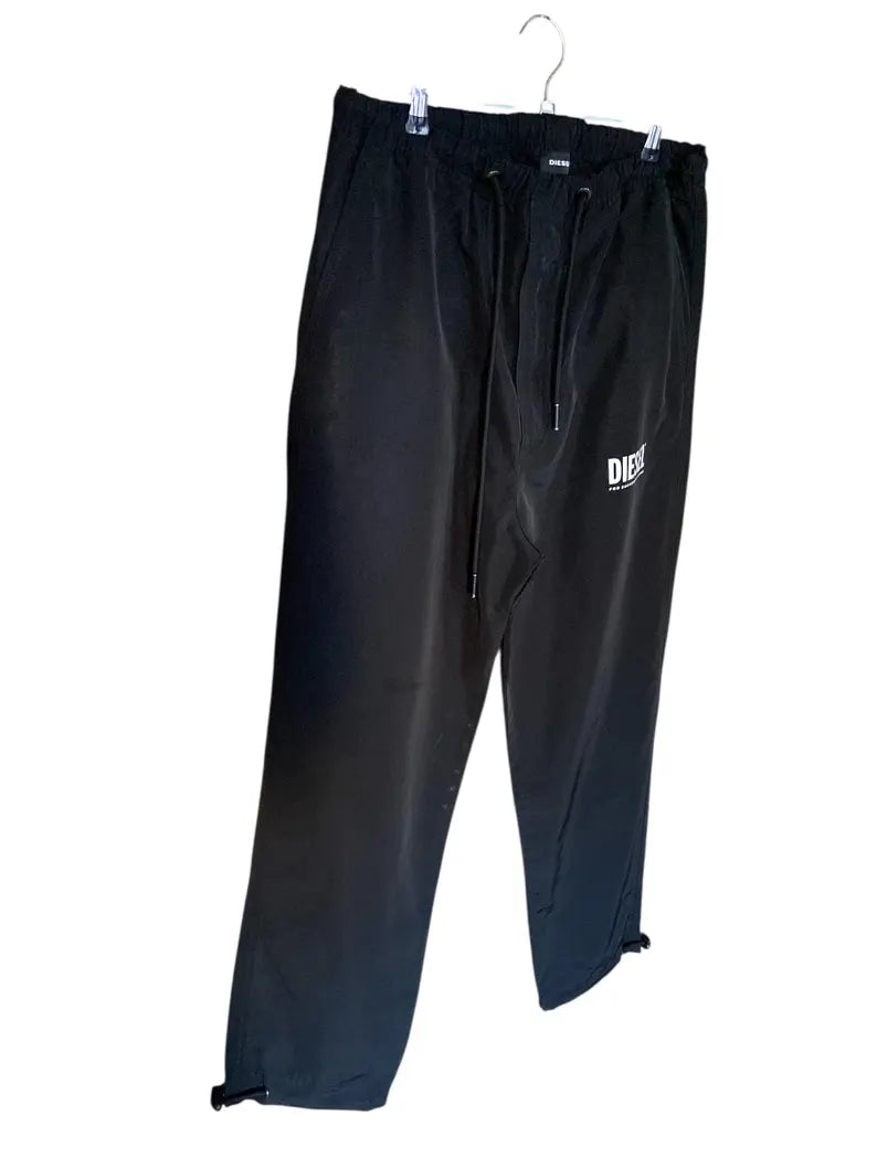 Diesel Black Technical Track Pants, Nylon Joggers Streetwear, Adjustable Cargo Utility Trousers, Premium Urban Tracksuit Bottoms, Size S