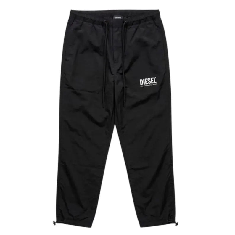 Diesel Black Technical Track Pants, Nylon Joggers Streetwear, Adjustable Cargo Utility Trousers, Premium Urban Tracksuit Bottoms, Size S