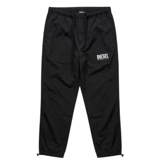 Diesel Black Technical Track Pants, Nylon Joggers Streetwear, Adjustable Cargo Utility Trousers, Premium Urban Tracksuit Bottoms, Size S