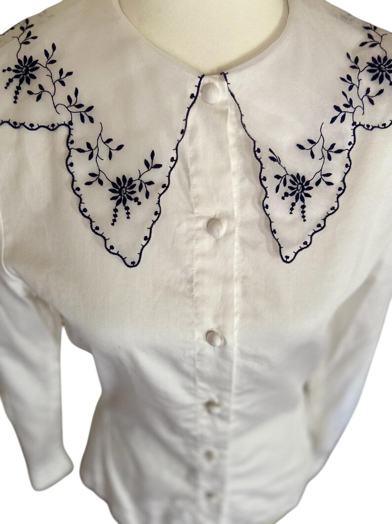 Max Mara Archive White Blouse, Vintage Italian Designer Shirt, Sheer Embroidered Collar Fitted Top, Rare Collectible Fashion Size S M