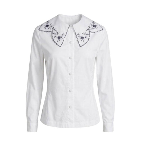Max Mara Archive White Blouse, Vintage Italian Designer Shirt, Sheer Embroidered Collar Fitted Top, Rare Collectible Fashion Size S M