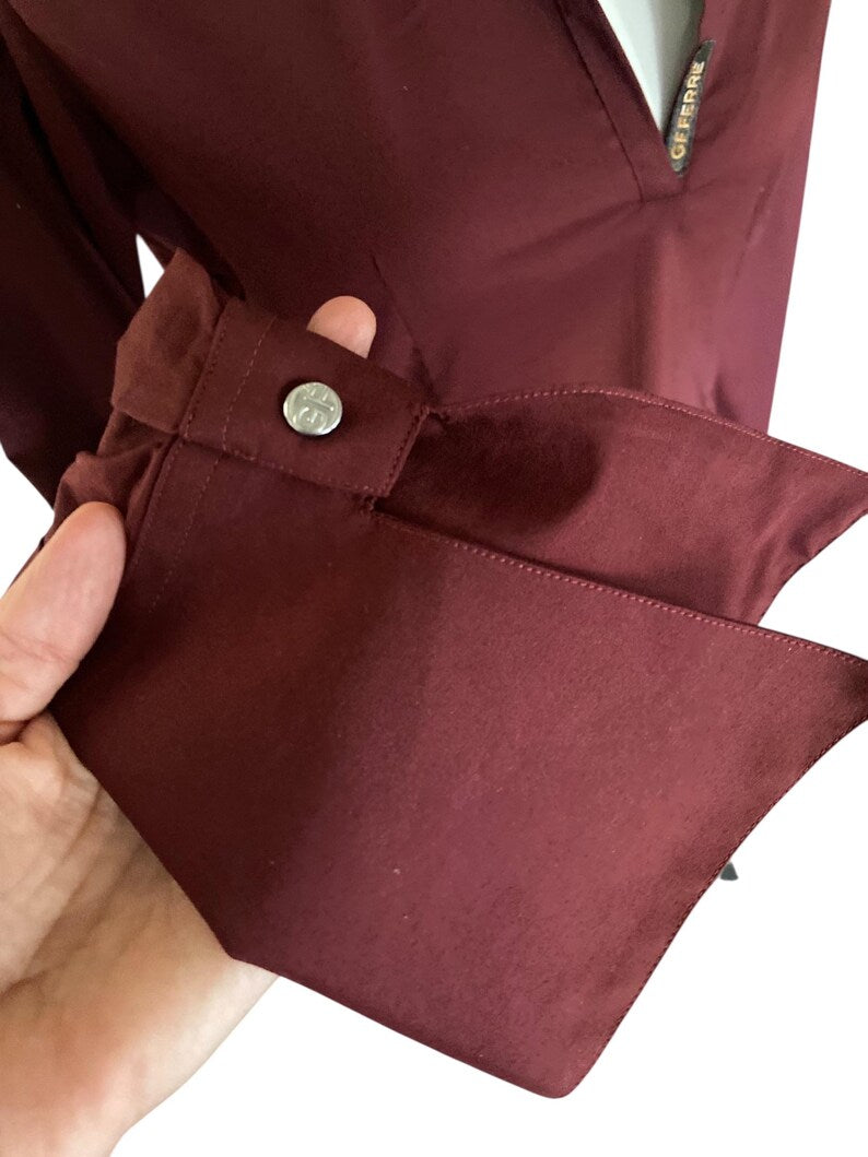 Vintage Burgundy Gianfranco Ferre Cotton Blouse - Y2K Archive Deep Red Shirt, Open Plunge V-Neck, Logo Anagram Details, Size S - Mint 10/10