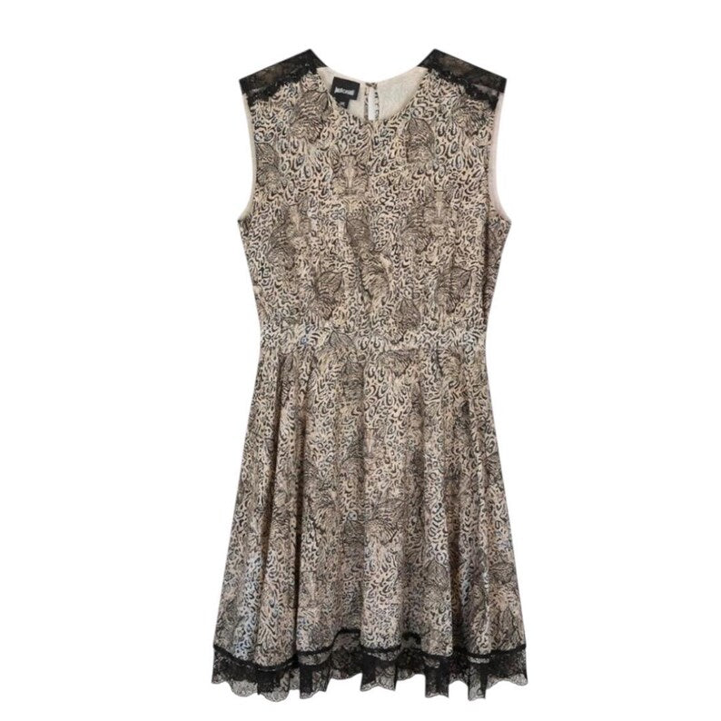 Just Cavalli Designer Dress, Vintage Animal Print Dress Size M, Italian Silk Dress with Black Lace Trim, Beige & Pink Cocktail Party Dress