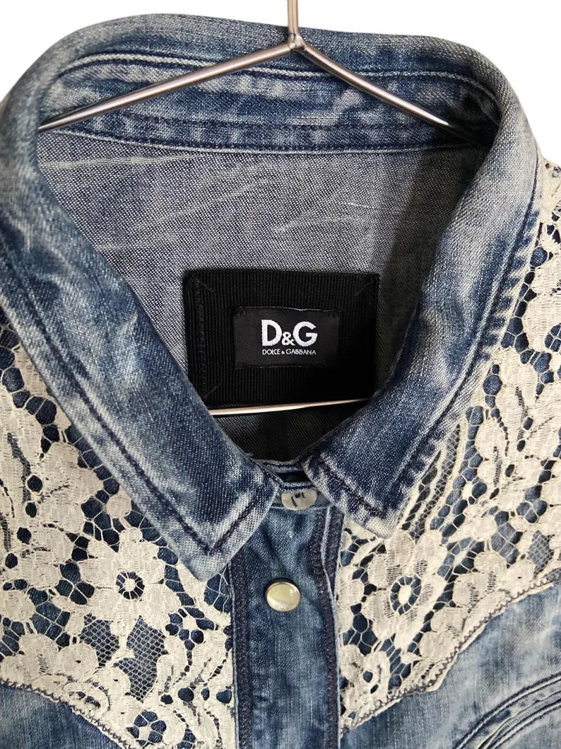 Dolce Gabbana Vintage Denim Shirt Y2K, Lace Embroidered Jean Blouse, Archival D&G Noughties Western Top, Made in Italy Size S