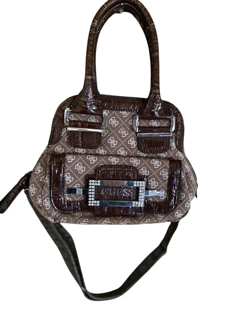Vintage GUESS Monogram Print Shoulder Bag – Early 2000s Y2K Aesthetic