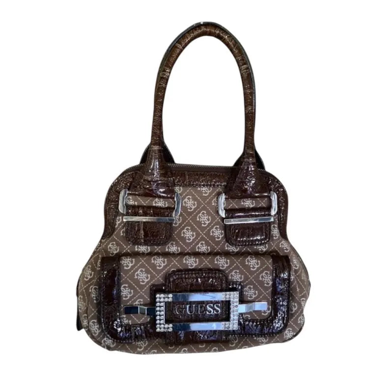 Vintage GUESS Monogram Print Shoulder Bag – Early 2000s Y2K Aesthetic