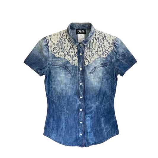 Dolce Gabbana Vintage Denim Shirt Y2K, Lace Embroidered Jean Blouse, Archival D&G Noughties Western Top, Made in Italy Size S