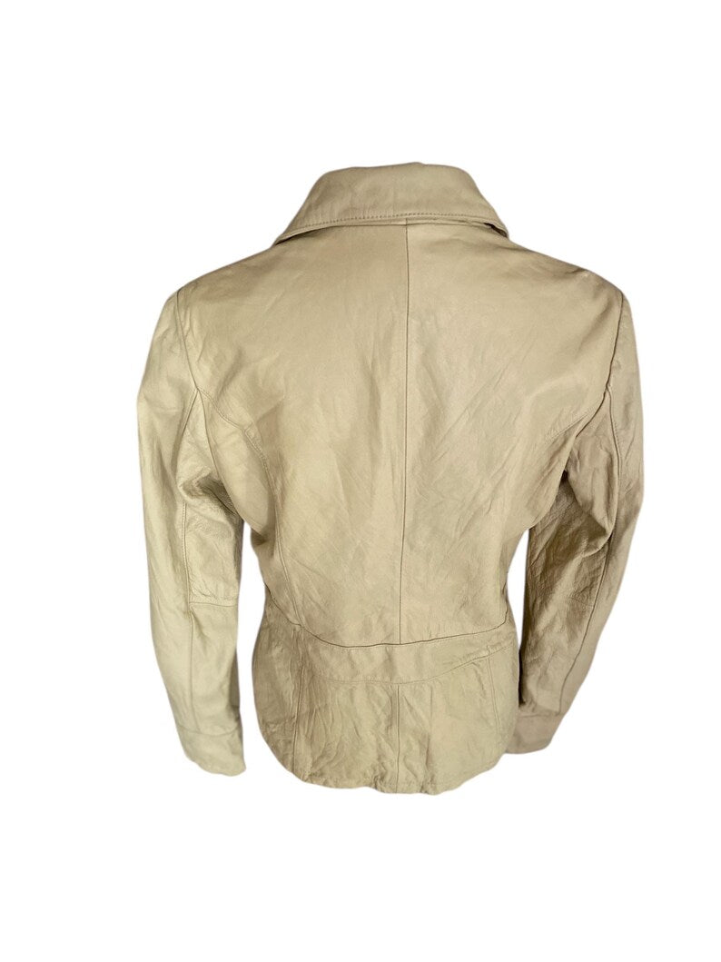 Vintage Balmain Leather Jacket M | Beige Cowhide Leather Blazer Women | Balmain Paris Vintage Jacket