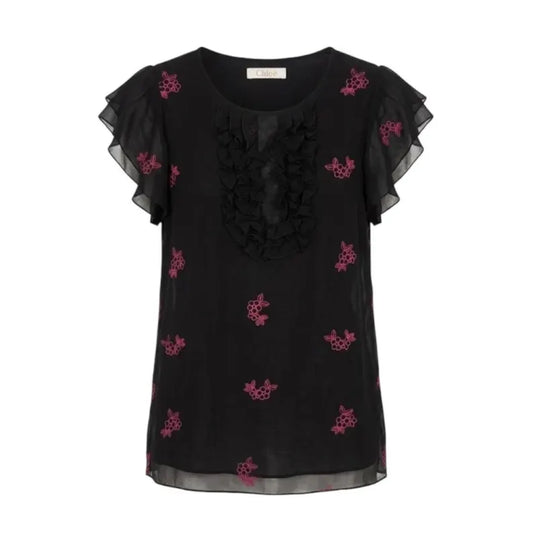 Chloé Silk Dress Vintage Archive, Black Silk Shift Dress with Pink Floral Embroidery, Chloé Ruffle Mini Dress Size S, Y2K Designer Chloé