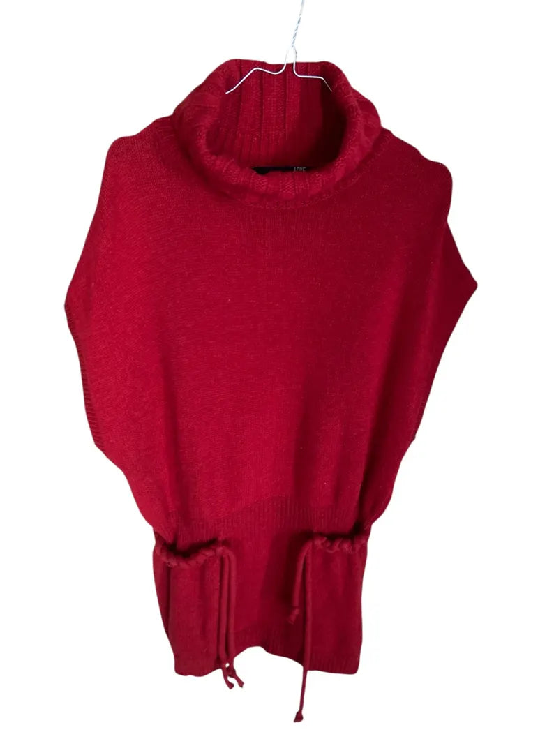 Vintage Moschino Oversized Wool Vest with Braided Belt, Cherry Red Turtleneck Sleeveless Sweater, Italian Designer Knitwear Size M