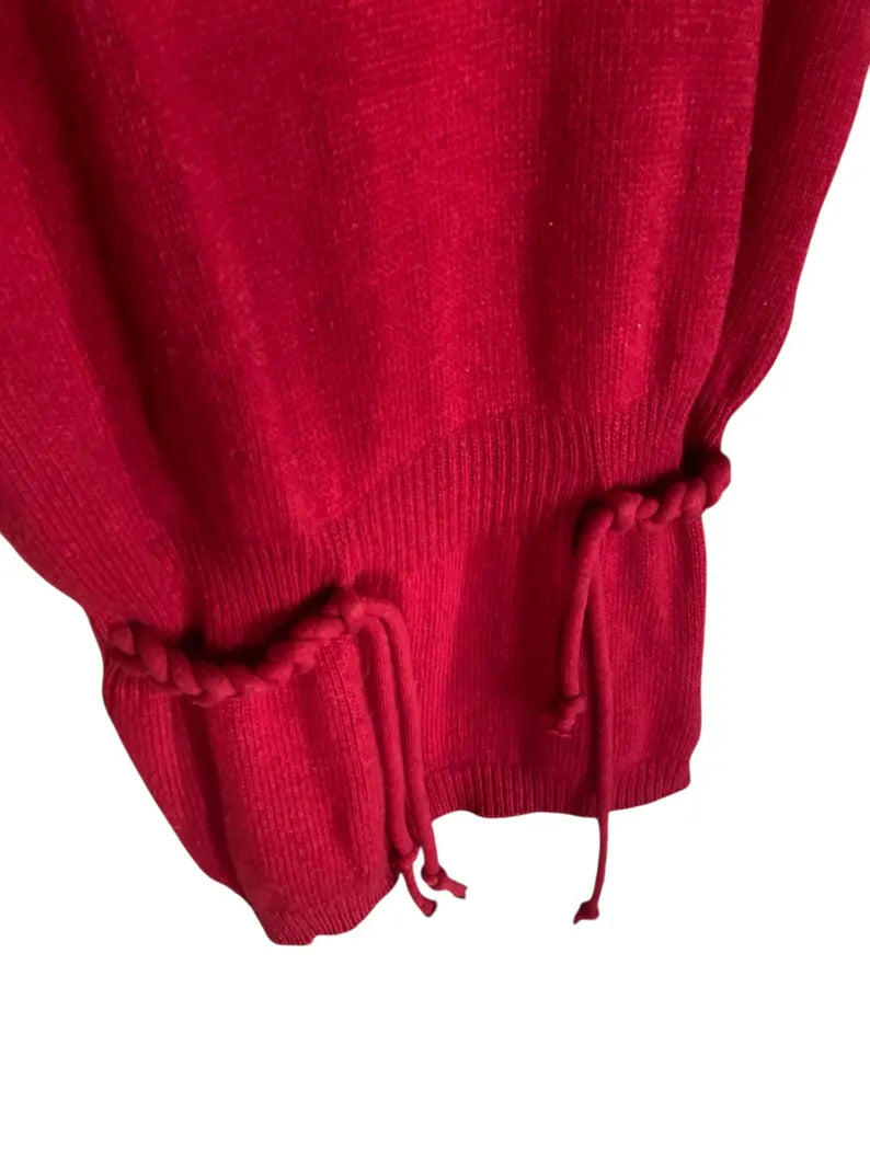 Vintage Moschino Oversized Wool Vest with Braided Belt, Cherry Red Turtleneck Sleeveless Sweater, Italian Designer Knitwear Size M
