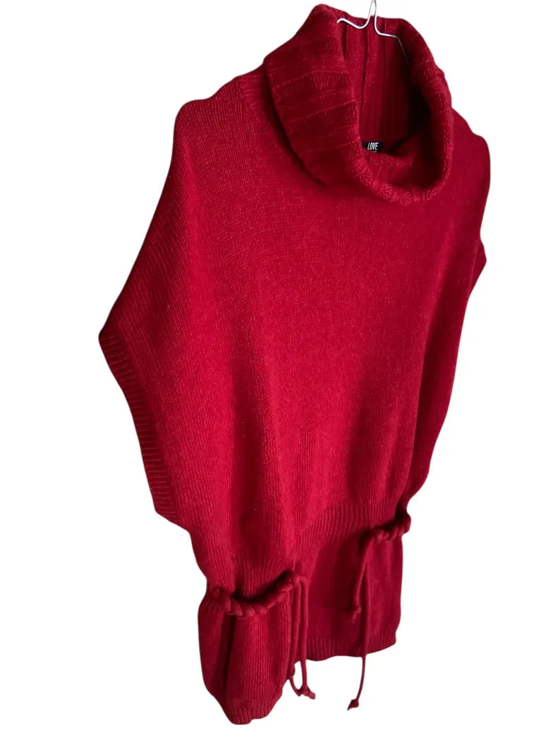 Vintage Moschino Oversized Wool Vest with Braided Belt, Cherry Red Turtleneck Sleeveless Sweater, Italian Designer Knitwear Size M