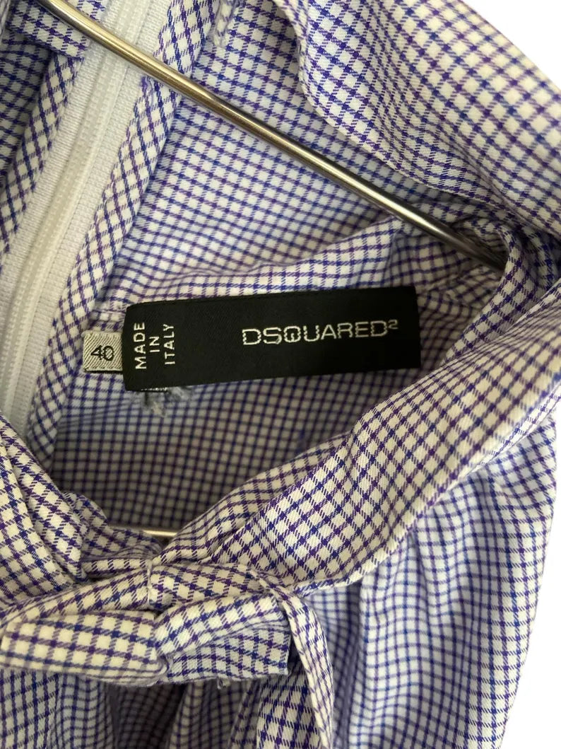 Vintage Dsquared2 Gingham Top Blue | Size S Cotton Halter Blouse Neck Tie | Italian Designer Y2K Top