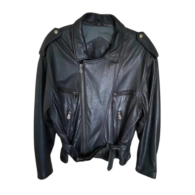 Vintage 90s Leather Biker Jacket Made in Italy Unisex | Italian Structured Shoulder Belted Leather Jacket Style Biker Moto Jacket Size M