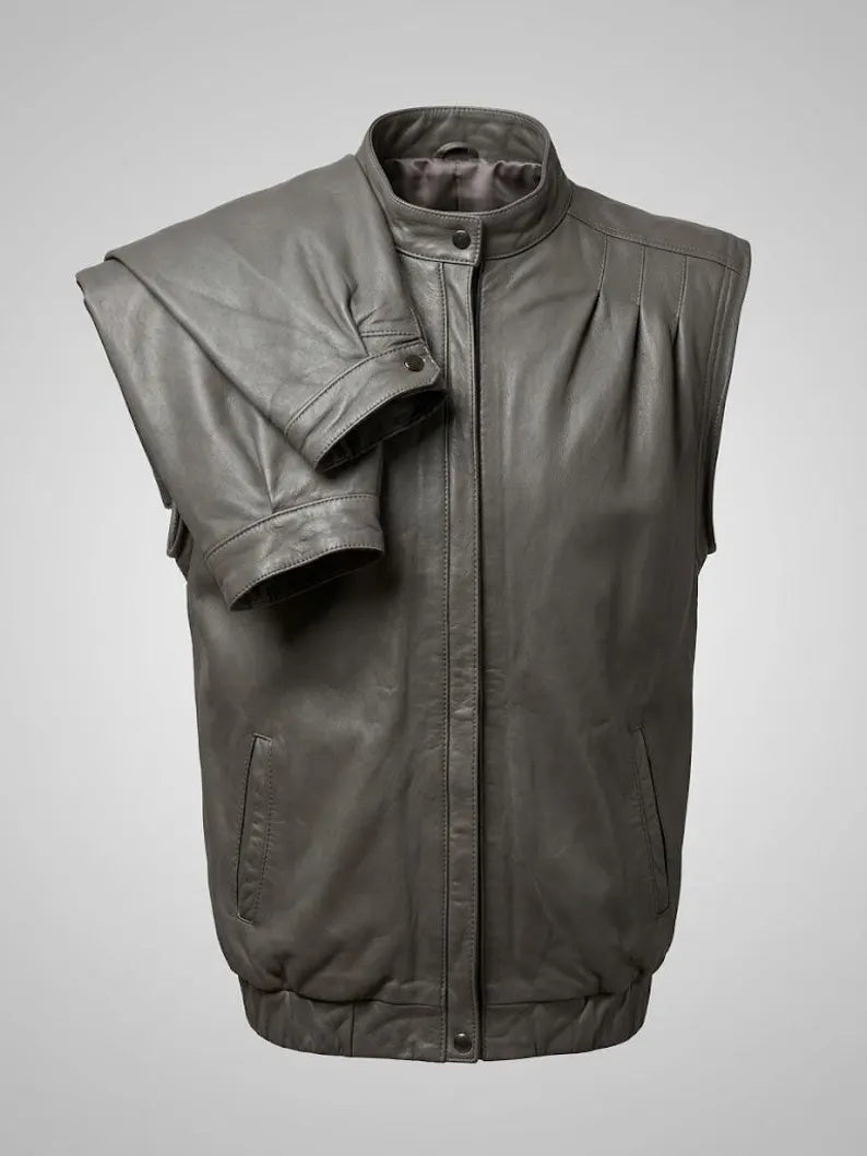 Vintage Grey Leather Jacket 2000s Convertible Vest | Y2K Detachable Sleeve Biker Jacket | Genuine Leather Jacket Size S M